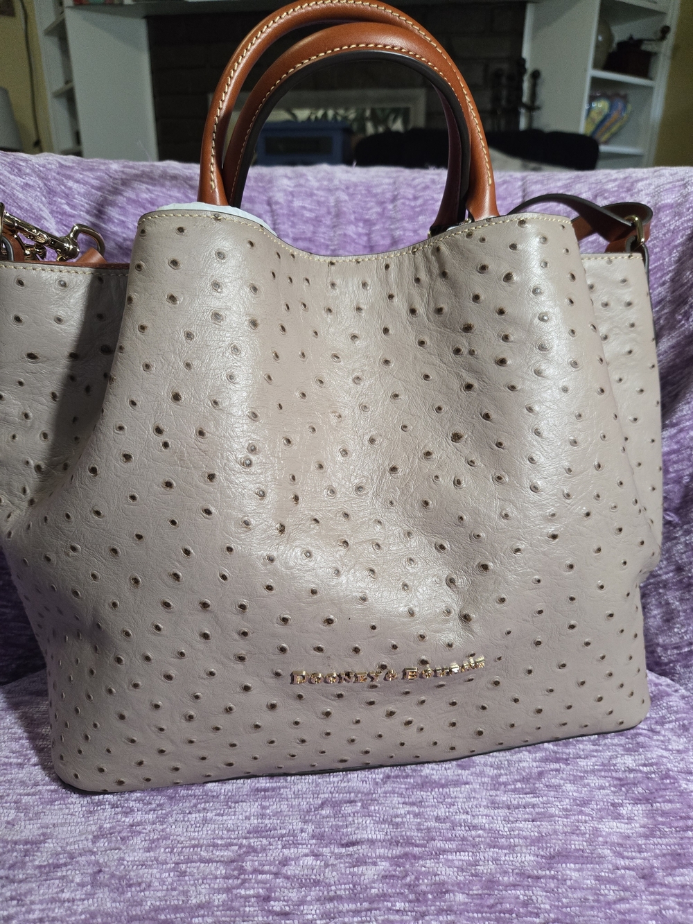 Dooney & Bourke Beige Ostrich-Embossed Tote with Tan Handles